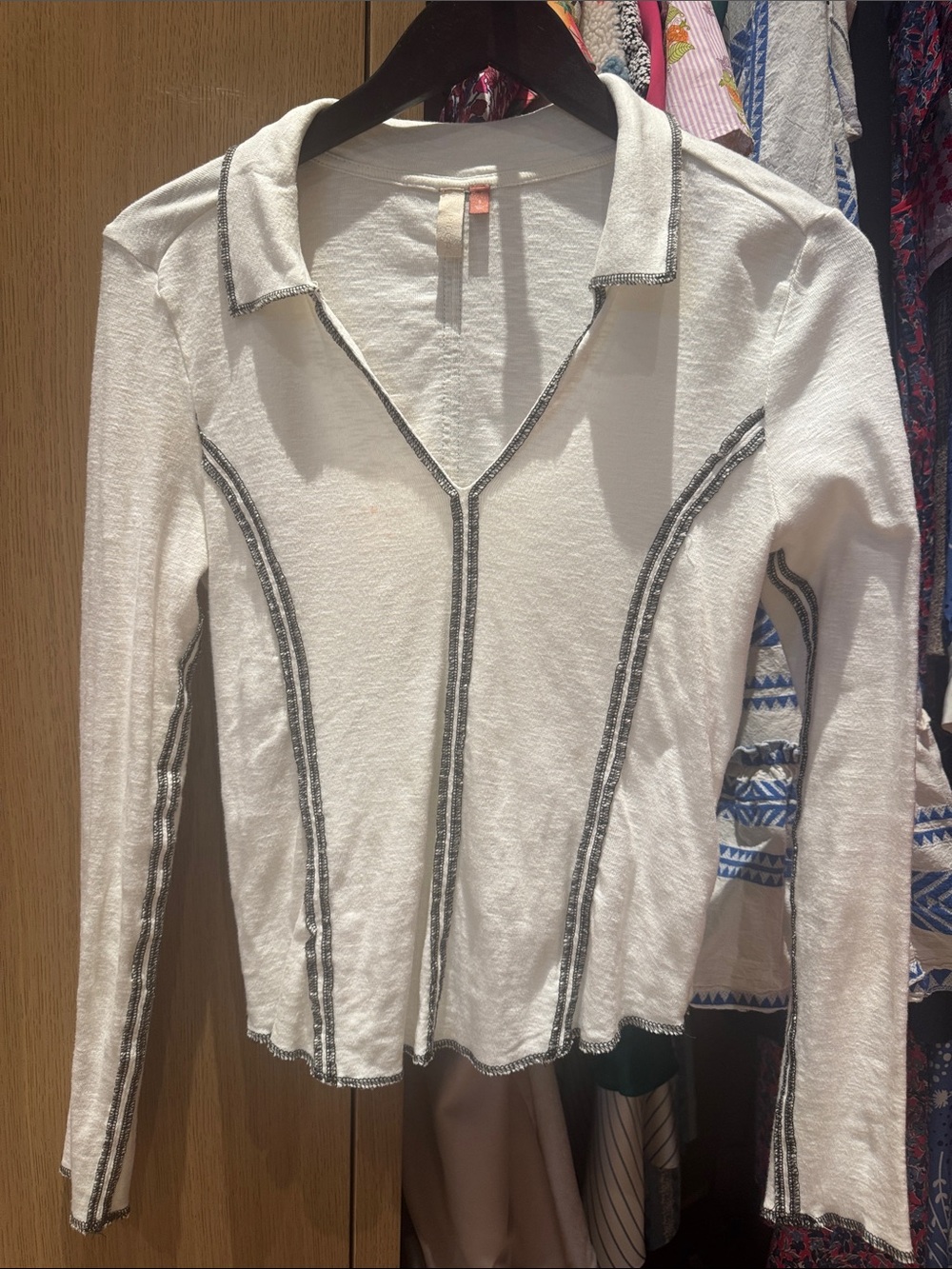 Pilcro White Long Sleeve collared v neck top with Black Contrast Seams